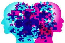 Digital illustration of two opposite-facing heads with puzzle pieces 